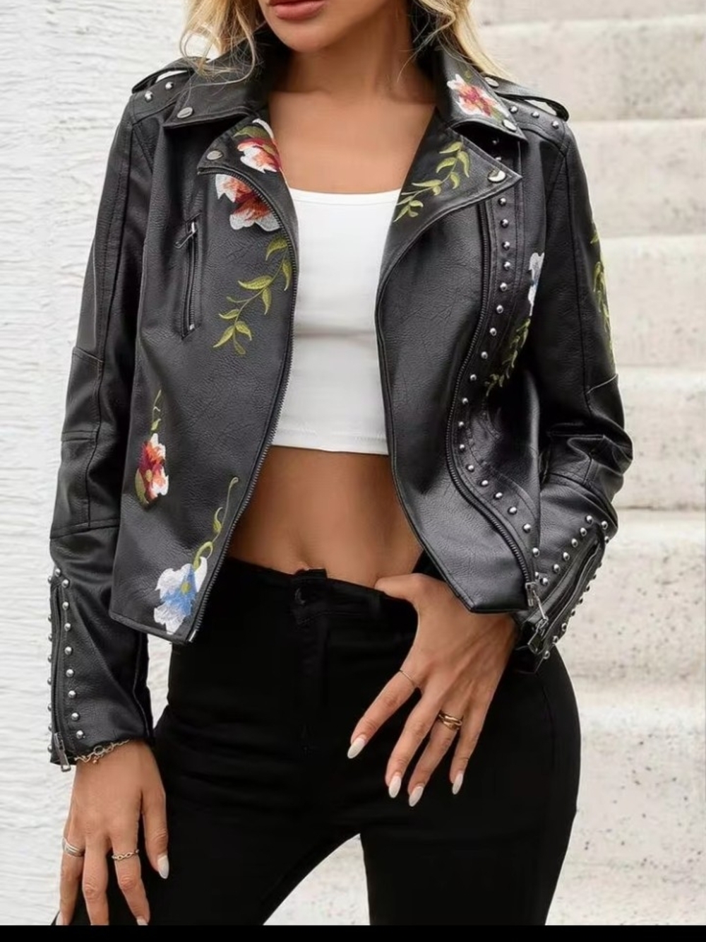 Floral Studded Black Leather Biker Jacket With Flowers